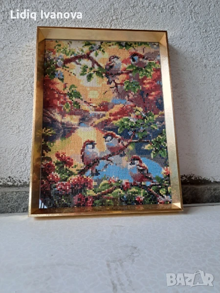 Диамантен гоблен врабчета-готов и рамкиран, снимка 1