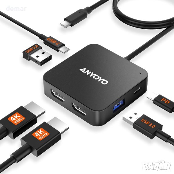 USB C Хъб два порта 4K/60Hz HDMI, 100W PD, USB C 3.0, 2*USB A 3.0, снимка 1