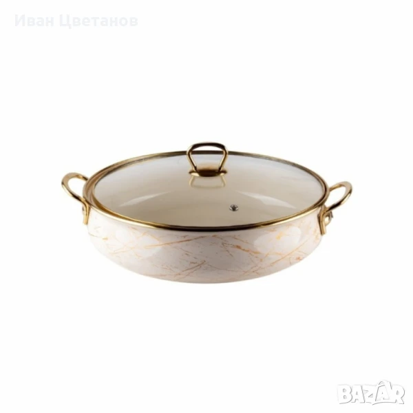 Тенджера Goldmann 24x8см. 3.2л./ 26x8.5см. 4л. Плитка. Емайл. Индукция. Бял/Старо злато, снимка 1