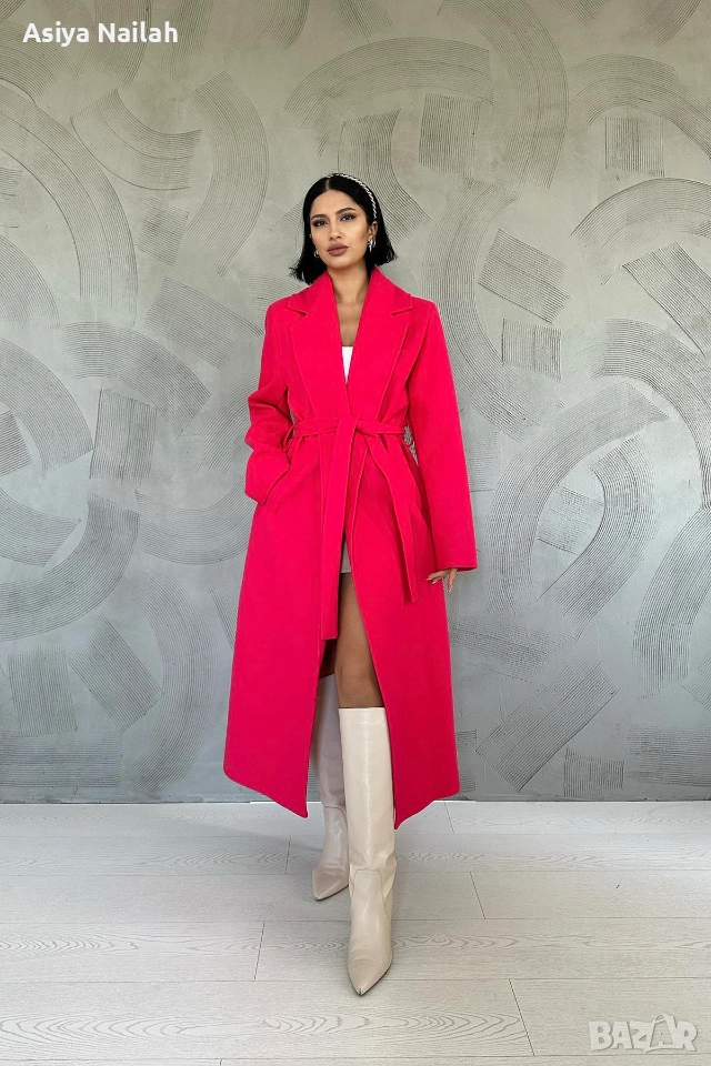 Дамско дълго палто с колан в цвят циклама – елегантен модел, снимка 1