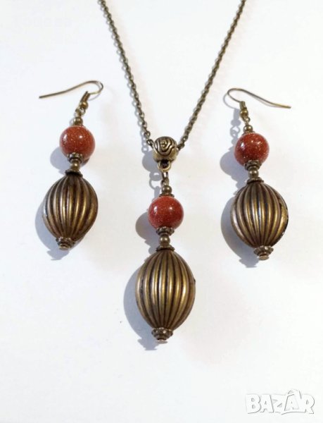 Новият ни Бохо комплект бижута обици и колие със Слънчев камък и орнаменти цвят Античен бронз , снимка 1