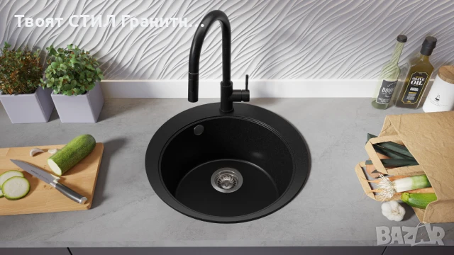 Черна кръгла кухненска мивка от гранит Пиза 45 Top 500 x 500 мм, снимка 4 - Мивки - 50782868