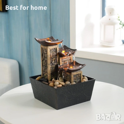 3-степенен фонтан за релаксация на маса, камък, осветен, 6,7 x 6,7 x 8,9 инча, снимка 5 - Други стоки за дома - 53710564