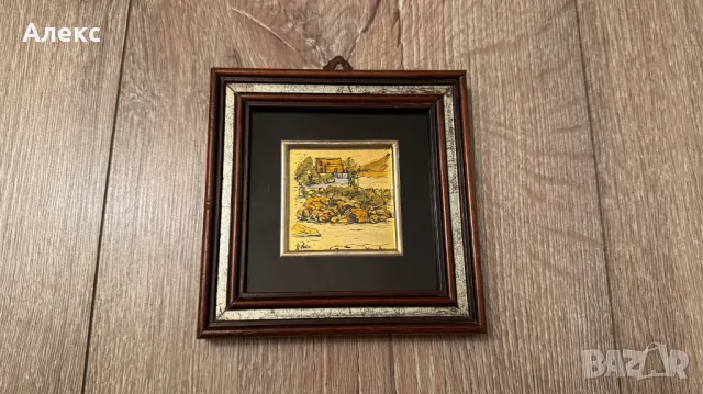 Винтидж малка картина, златно фолио– Италия, подпис.