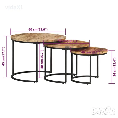 vidaXL Стифиращи маси, 3 бр, грубо мангово дърво, снимка 7 - Маси - 56147095