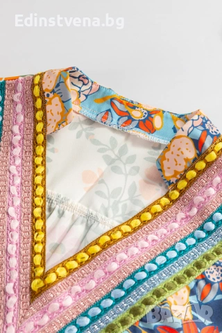 Дамска къса рокля с флорален принт, V-образно деколте и плетени детайли, снимка 9 - Рокли - 53081867