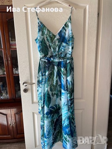 Разкошна с цепка дълга ефирна елегантна рокля екзотичен тропически тропик принт V образно деколте 