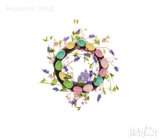 Великденски венец, с цветни пастелни яйц, Заек Лавандула, 40см