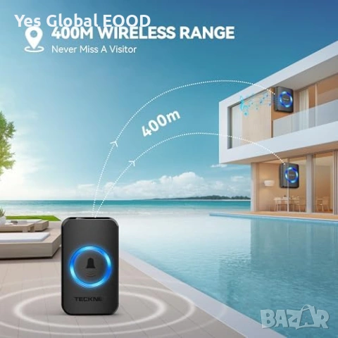 TECKNET безжичен звънец 400 м с 60 мелодии водоустойчив, снимка 3 - Друга електроника - 53243761