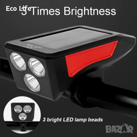 Фар за велосипед с клаксон, 2200 mAh Powerbank и соларно зареждане, снимка 5 - Велосипеди - 50779767