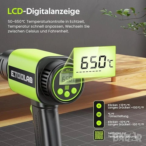 Пистолет за горещ въздух ETOOLAB 2000W темп 50-650°C с LCD дигитален дисплей, снимка 2 - Други инструменти - 50997365
