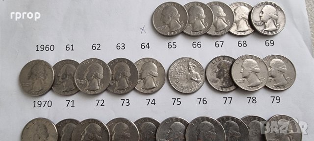 Монети. САЩ. 1/4 Американски долари . Quarter . Пълен комплект. 33  бройки. От 1965 до 1998 г. вкл., снимка 4 - Нумизматика и бонистика - 30118402