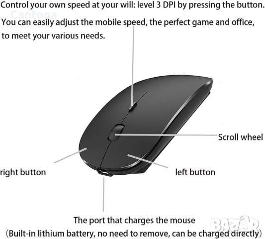 Bluetooth мишка, aкумулаторна безжична мишкадо 1600 dPi, компактен диайн, снимка 3 - Клавиатури и мишки - 41596927