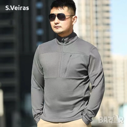 Мъжки пуловер, с дълъг ръкав и джоб, кадифен пуловер, Slim Fit, Цвят-Сив, снимка 2 - Пуловери - 52857896