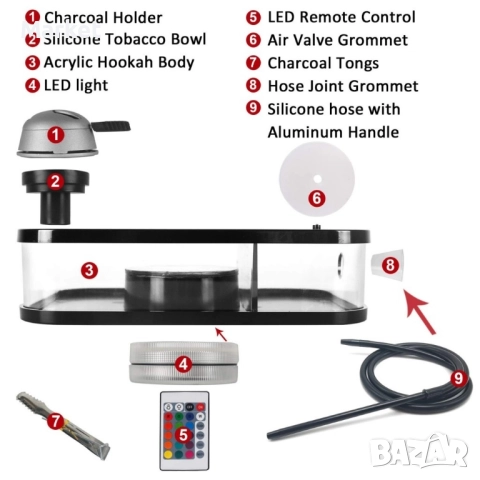 Акрилен уред Наргиле с дистанционно управление LED кутия, снимка 2 - Наргилета - 51808134