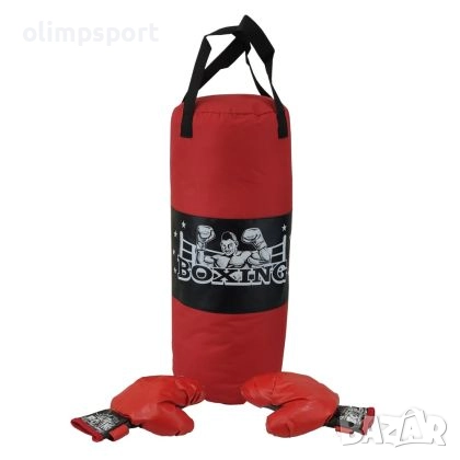 боксов чувал с височина 55 см, диаметър 21 см и чифт боксови ръкавици