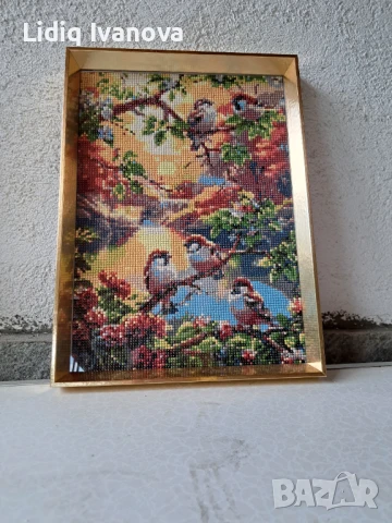 Диамантен гоблен врабчета-готов и рамкиран