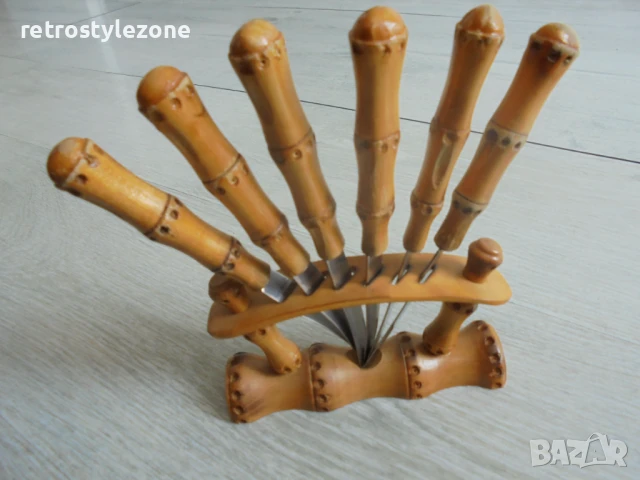 № 8155 Стар комплект ножчета FORON с бамбукови дръжки и стойка  , снимка 5 - Други ценни предмети - 51120259