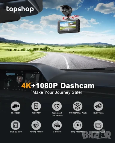 НОВА K20S Pro предна и задна даш камера, 4K с 64GB карта, 4K+1080P WiFi, 2-канална камера с 3" IPS, снимка 3 - Аксесоари и консумативи - 50542333