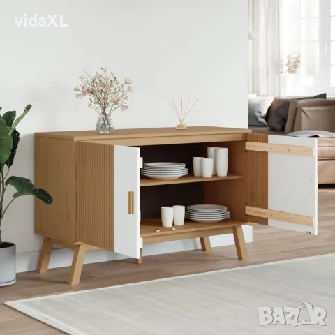 vidaXL Сайдборд OLDEN, бяло и кафяво, 114x43x73,5 см, бор масив, снимка 4 - Бюфети - 56147288