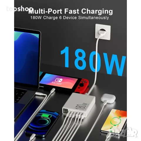 Чисто нова настолна зарядна станция 180W GaN с LCD дисплей и 6 порта  , снимка 4 - Оригинални зарядни - 55746560