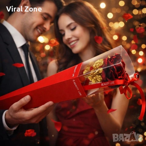 Декоративна роза със златно стъбло в подаръчна кутия, снимка 2 - Подаръци за жени - 53240073