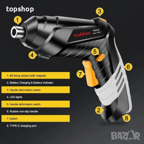Нова Електрическа отвертка Goldsea 4.2V Безжична отвертка 3.5Nm 1500mAh Зареждане тип C 10 броя..., снимка 7 - Винтоверти - 51629122
