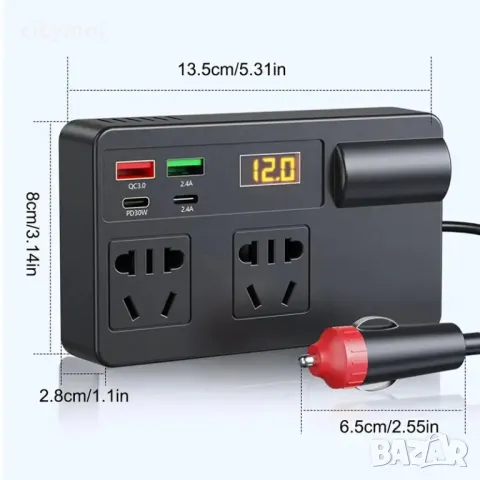 Инвертор преобразувател от 12/24 V на 220 V, 200W ,цифров дисплей, 4 x USB, Type C, QC 3.0 30W, изхо, снимка 6 - Аксесоари и консумативи - 48780061