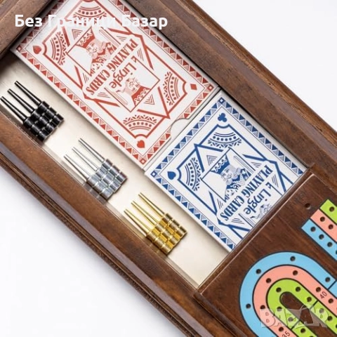 Нов Луксозен дървен сет за Cribbage с 3 писти, карти и метални пинове, снимка 2 - Настолни игри - 52077297