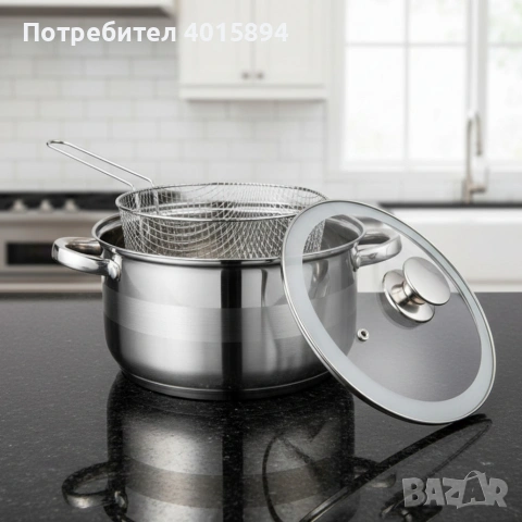Тенджера с кошница за пържене и стъклен капак Cheffinger Ø24 см – инокс, 6,5 л, за всички котлони, снимка 4 - Съдове за готвене - 53302184