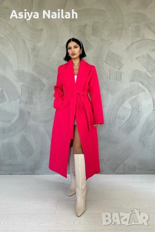 Дамско дълго палто с колан в цвят циклама – елегантен модел