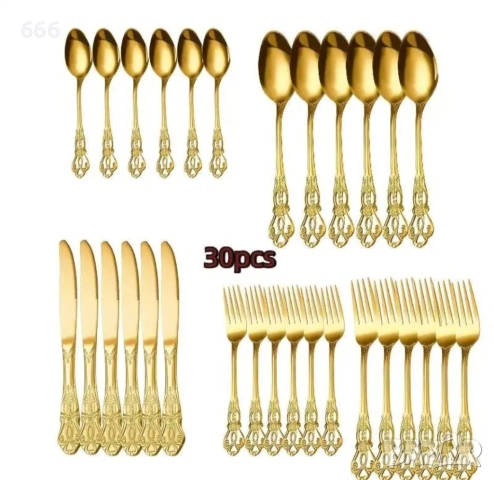 Комплект от 30 части прибори от неръждаема стомана в златен цвят, снимка 4 - Прибори за хранене, готвене и сервиране - 52596372