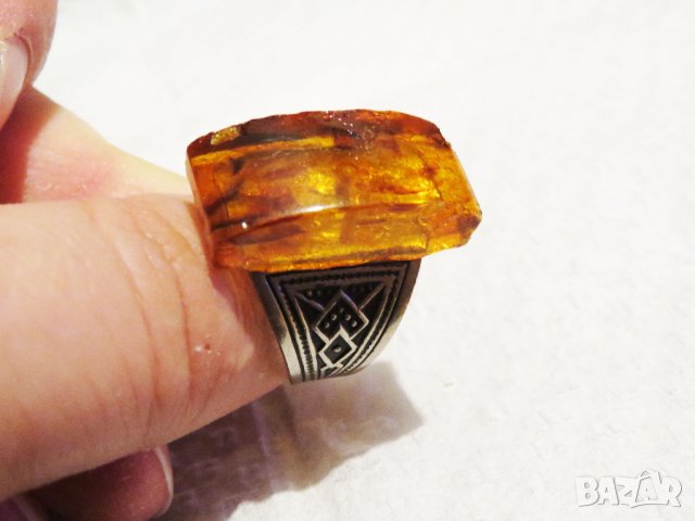 Стар сребърен пръстен с огромен естествен  кехлибар - за успокоение, сила защита и любов сребро, снимка 3 - Пръстени - 35918501