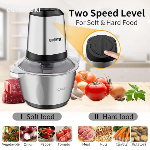 UPOHYEE Електрически кухненски чопър, 600W, 2 л контейнер от неръждаема стомана, 2 скорости, снимка 7 - Чопъри и пасатори - 51231016