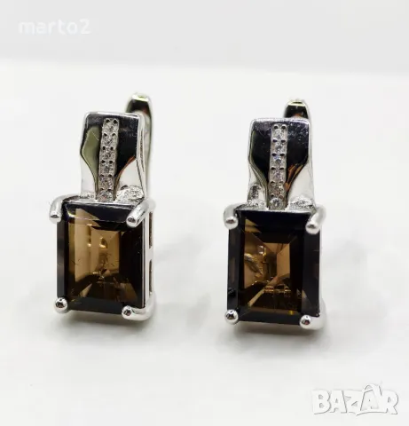 Прекрасни Сребърни 925 Обеци с Родиево покритие и Натурален Опушен Кварц (Раух Топаз) и Циркони!, снимка 5 - Обеци - 47514882