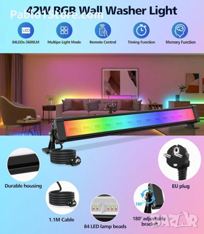 42W RGB прожектор с дистанционно управление, 360° стенен прожектор, 10 цвята, 30 режима, таймер, 6 н, снимка 2 - Друга електроника - 53766237