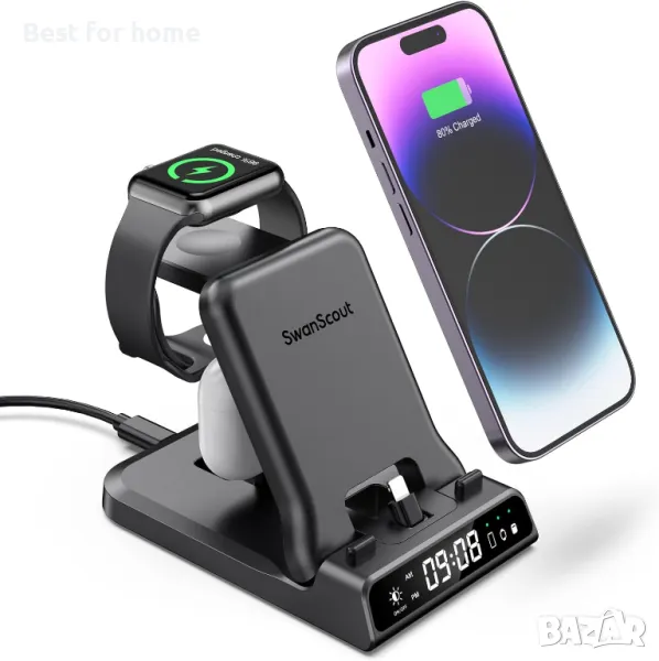 Зарядна станция SwanScout 4в 1 с часовник , снимка 1