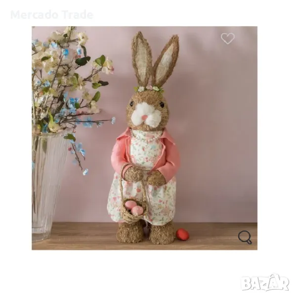 Великденско зайче Mercado Trade, С розово яке и кошница с яйца, 80 см, снимка 1