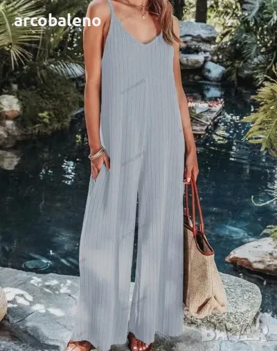 Дамски оребрен ежедневен гащеризон с гол гръб в плътен цвят, снимка 1