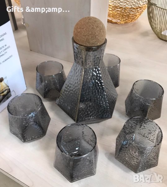 Комплект чаши за уиски 6 броя + декантер - стъкло в графитено сив цвят, снимка 1