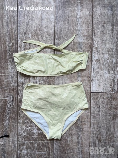 Нов висока талия светло зелен светло резедав бански костюм сет от две части брокат лек блясък , снимка 1
