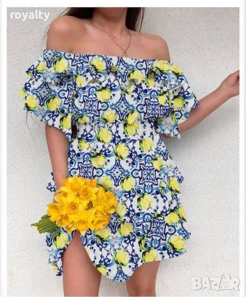 Синя рокля с паднали рамене, снимка 1