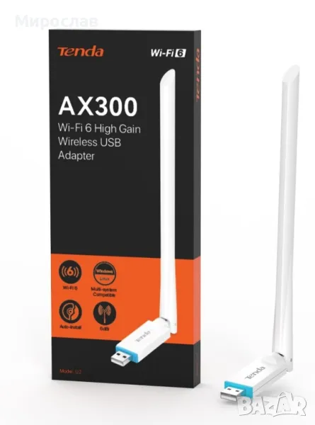 Tenda U2 Wi-Fi 6 USB адаптер AX300, антена и Wi-Fi, снимка 1