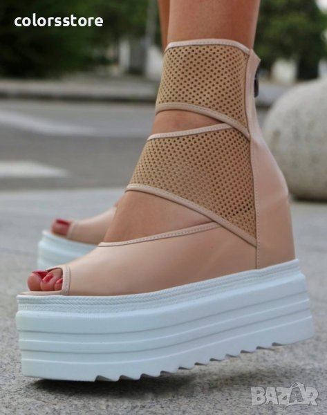 Летни боти на платформа - бежова кожа с бяло ходило - LB70, снимка 1
