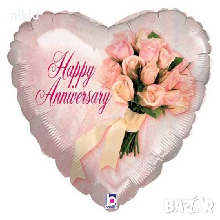 Happy Anniversary Юбилей годишнина сърце с букет рози балон фолио фолиев хелий или въздух рожден ден, снимка 1