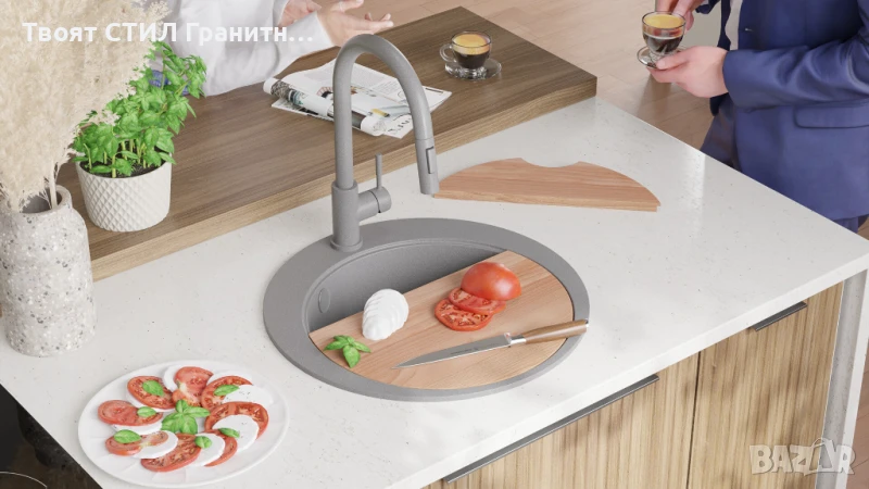 Сива кръгла кухненска мивка от гранит Пиза 45 Top 500 x 500 мм, снимка 1