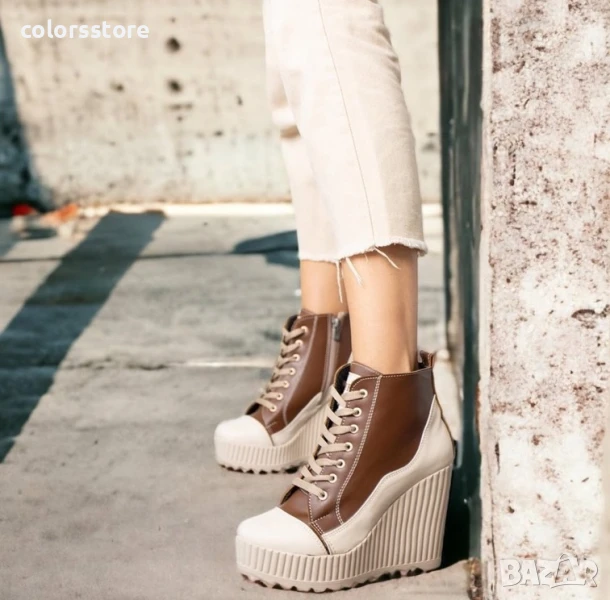 Боти на платформа - кафяво с бежово кожа - NO5 , снимка 1
