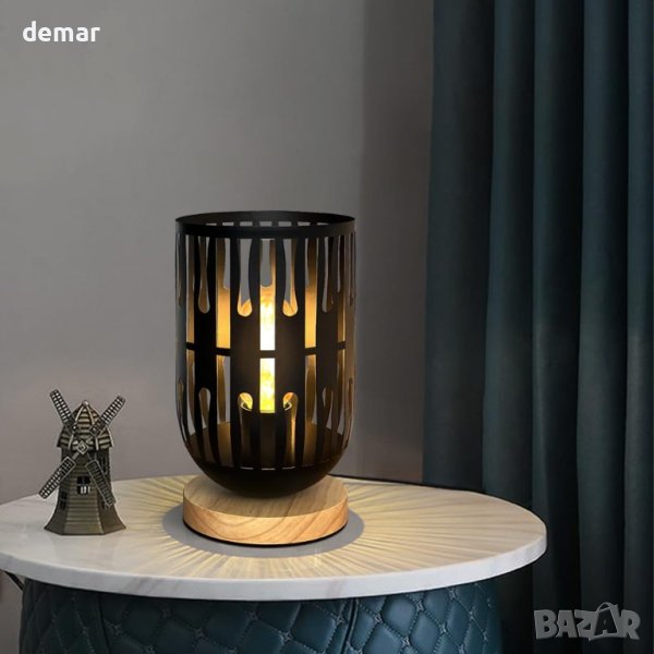 HHMTAKA Метална LED нощна лампа с дървена основа, черна, 22 см, снимка 1