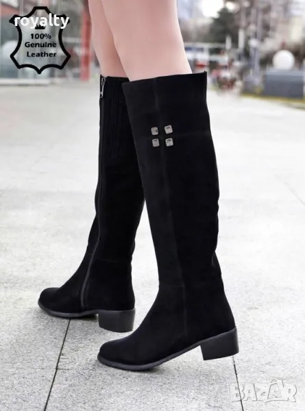 Равни ботуши - черен ЕСТЕСТВЕН велур , снимка 1
