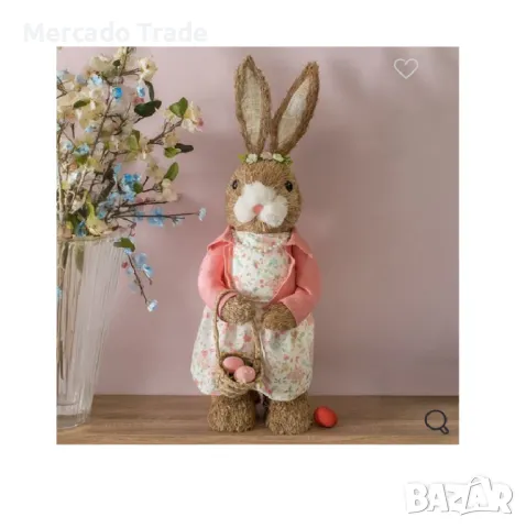 Великденско зайче Mercado Trade, С розово яке и кошница с яйца, 80 см